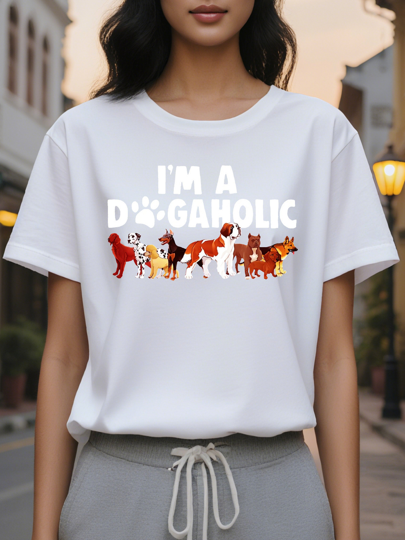 Short Sleeve Print Crew Neck I M A DOGAHOLIC T-Shirt Casual Women's Clothing for Spring Summer