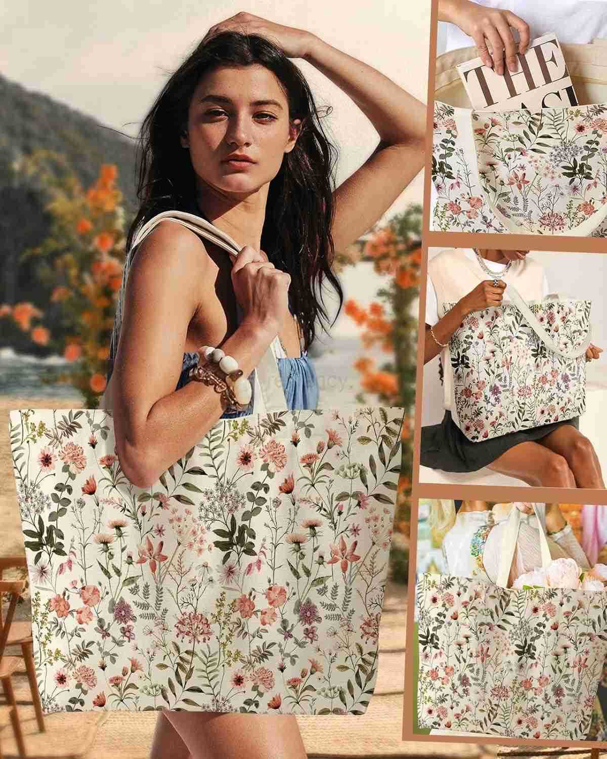 Large Tote Bag for Women Canvas Tote Bag with Zipper Aesthetic Reusable Shoulder Bag for Gym Travel WorkW250904