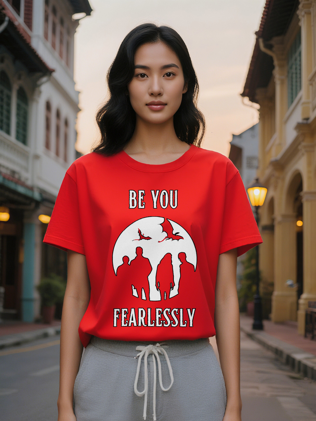 Large XL Lady Casual Graphic T-Shirt Be Fearless Print Bats Silhouettes Black with White Text Round Neck Breathable Summer Plus Size