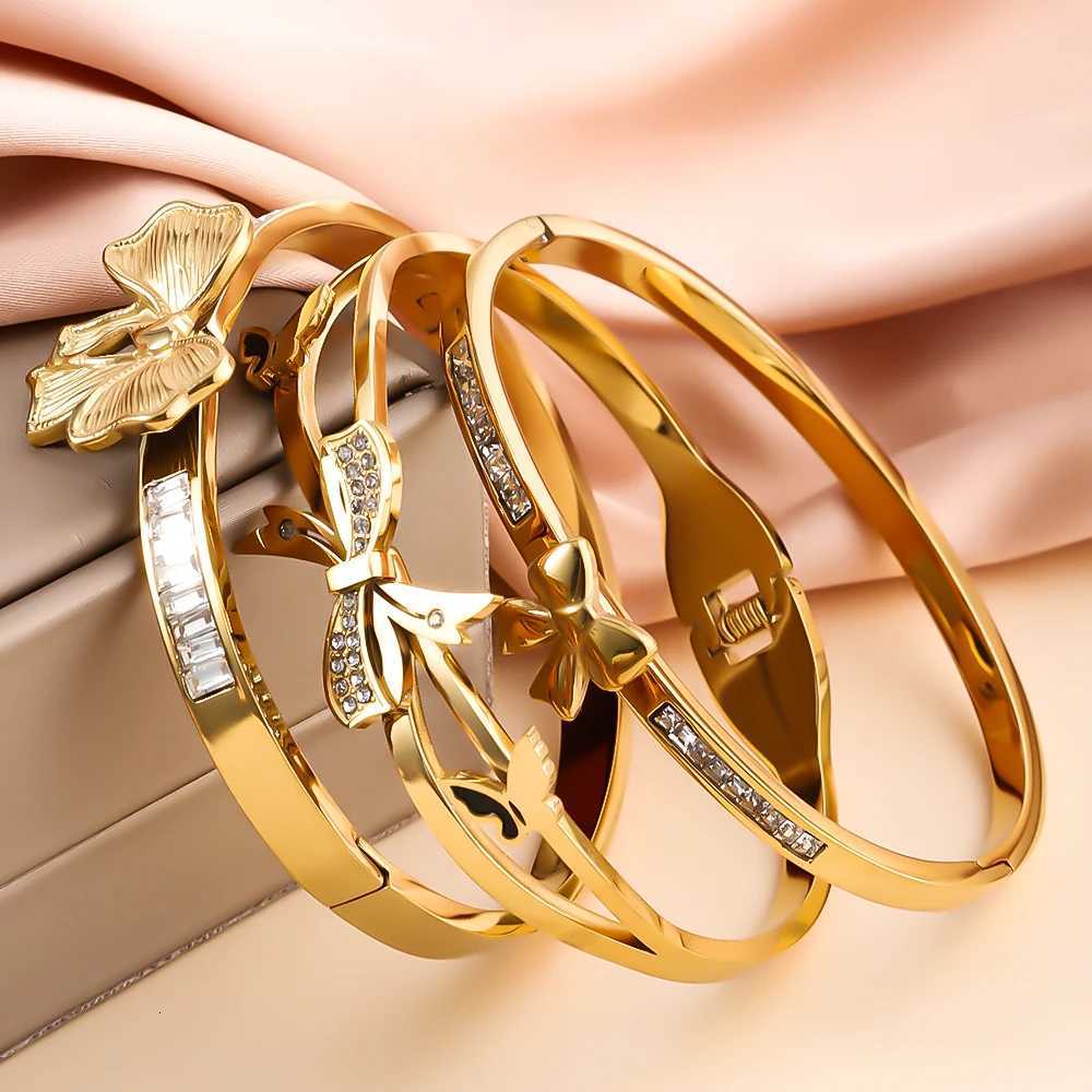 ZHIRUI Stainless Steel Gold Color Metal Cuff Bracelet Wens Luxury Shining Zircon Bracelet Daily Wrist Jewelry Y250904