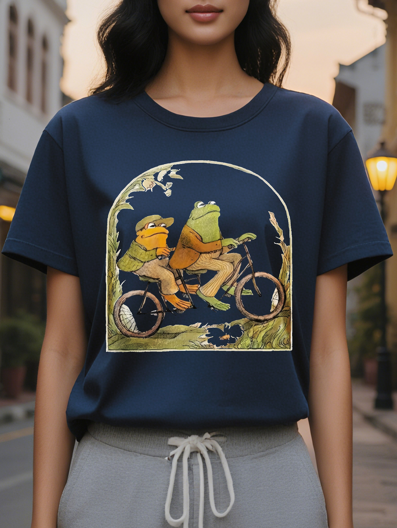 Cartoon Frog Print Crew Neck T-Shirt Casual Short Sleeve Top for Spring Summer Women's Clothing