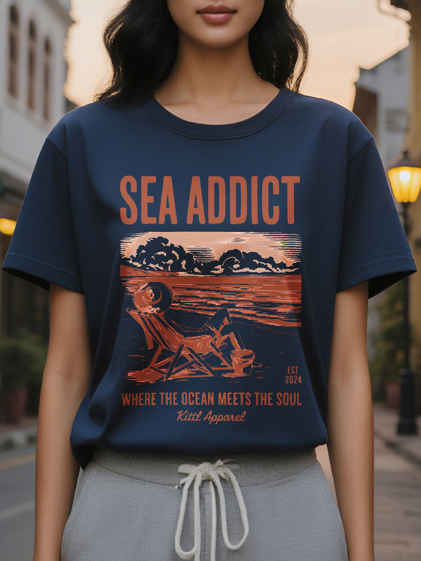 Ladies Elegant Beach T-Shirt White Coastal Pattern Short Sleeve Shirt Sea Addict Ocean Addiction Slogan Summer Vacation