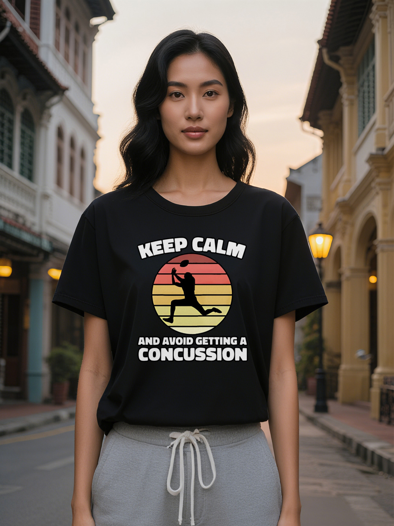 Large XL Lady Casual Crew Neck T-Shirt Keep Calm Avoid Concussion Graphic Print Black with Vibrant Color Block Breathable Plus Size