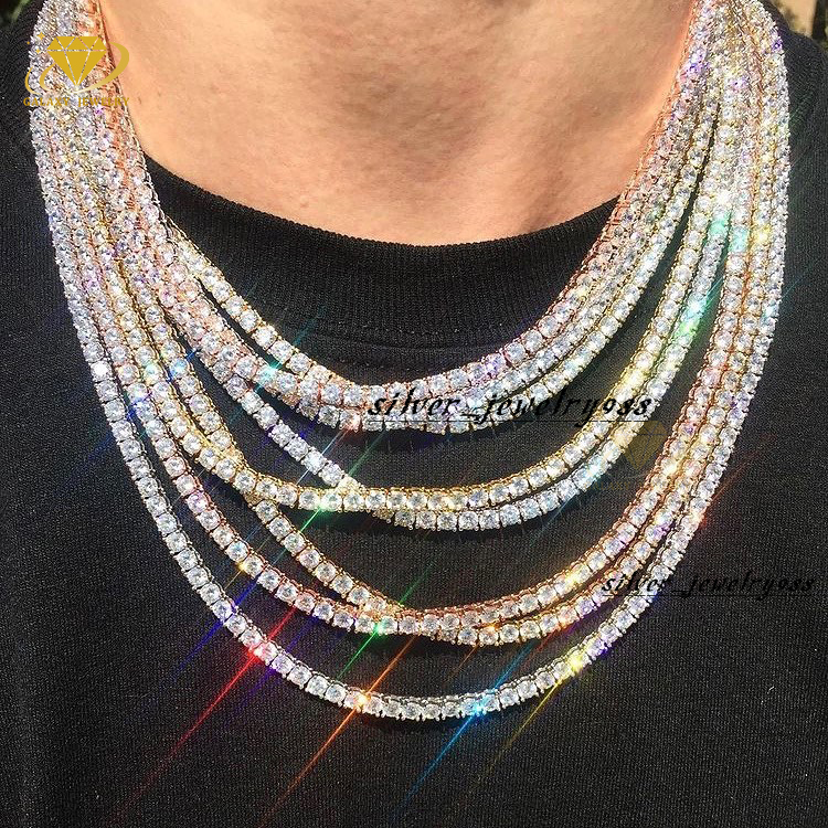 Hip Hop 2mm to 6mm Tennis Chain Moissanite VVS Stone Bling Iced Out 925 Pure Silver Tennis Bracelet Necklace Men Women