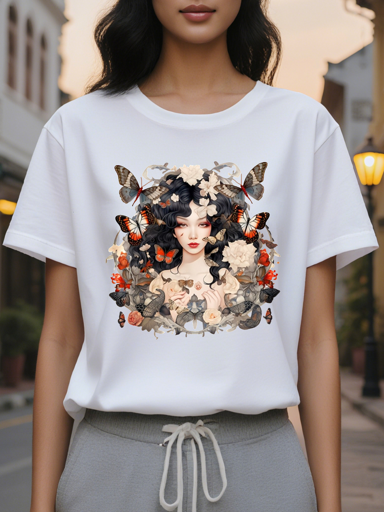 Ladies Butterfly Floral Print T-Shirt Lightweight Square Meters Cotton Fiber Round Neck Short Sleeve Top