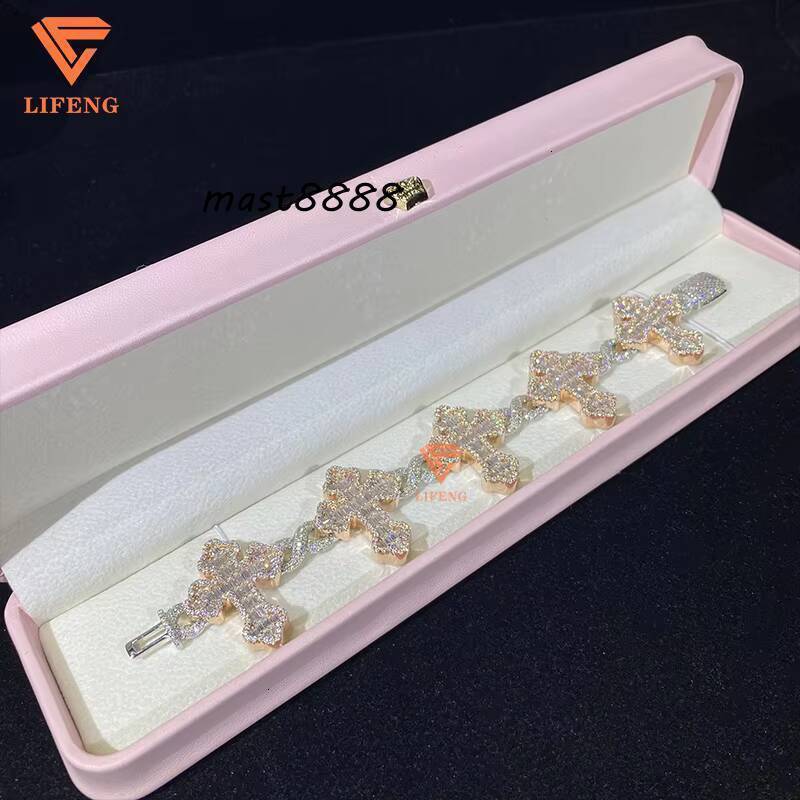 Fine Jewelry Bracelets Custom Two Tone Iced Out Baguette Moissanite Cross Bracelet 925 Silver Hip Hop Charms Bracelet for Women
