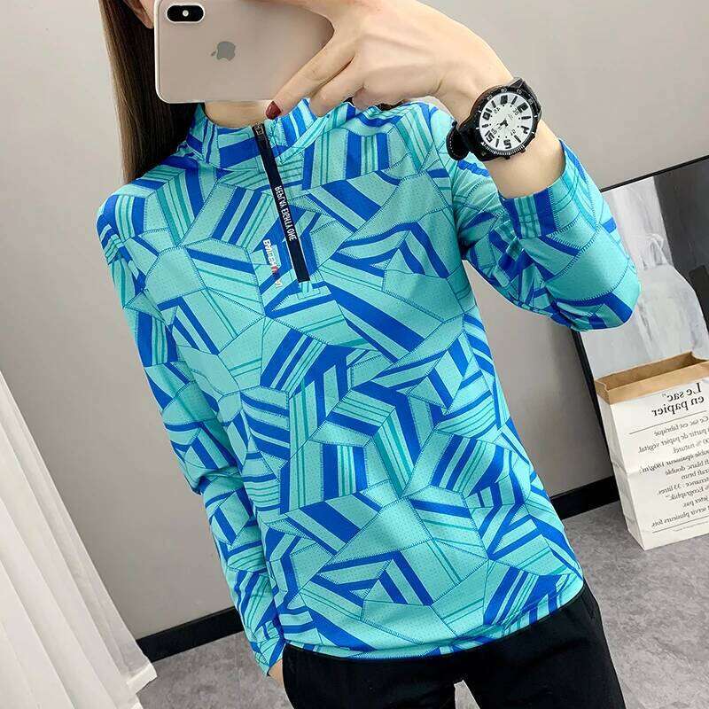 Women's Breathable Outdoor Sports Quick Dry Print Shirt Ladies Running Hiking Long Sleeve UV Clothing Camping Stand Collar Top