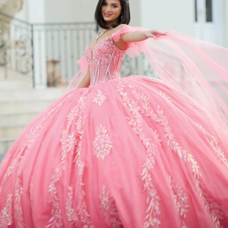 Pink Shiny Quinceanera Dresses Ball Gown Off The Shoulder Applique Lace Beading Crystal With Cape Tull Sweet 16 Dress Vestidos 15 Anos