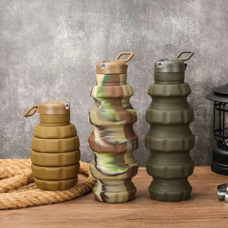 Durable Hand Camouflage water bottle Portable silicone foldable cup 500ml hand grenade sports kettl Z260202