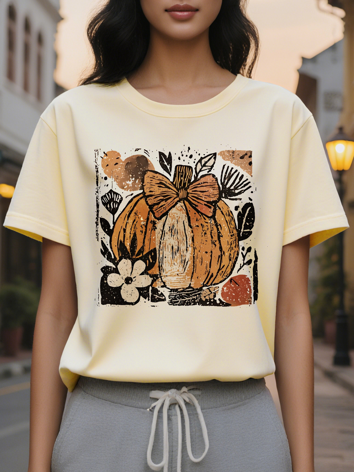 Large XL Women's Creamy White Halloween Print Sweatshirt Pumpkin Leaf Design with Plaid Bow Accent Cozy Round Neck Pullover Plus Size