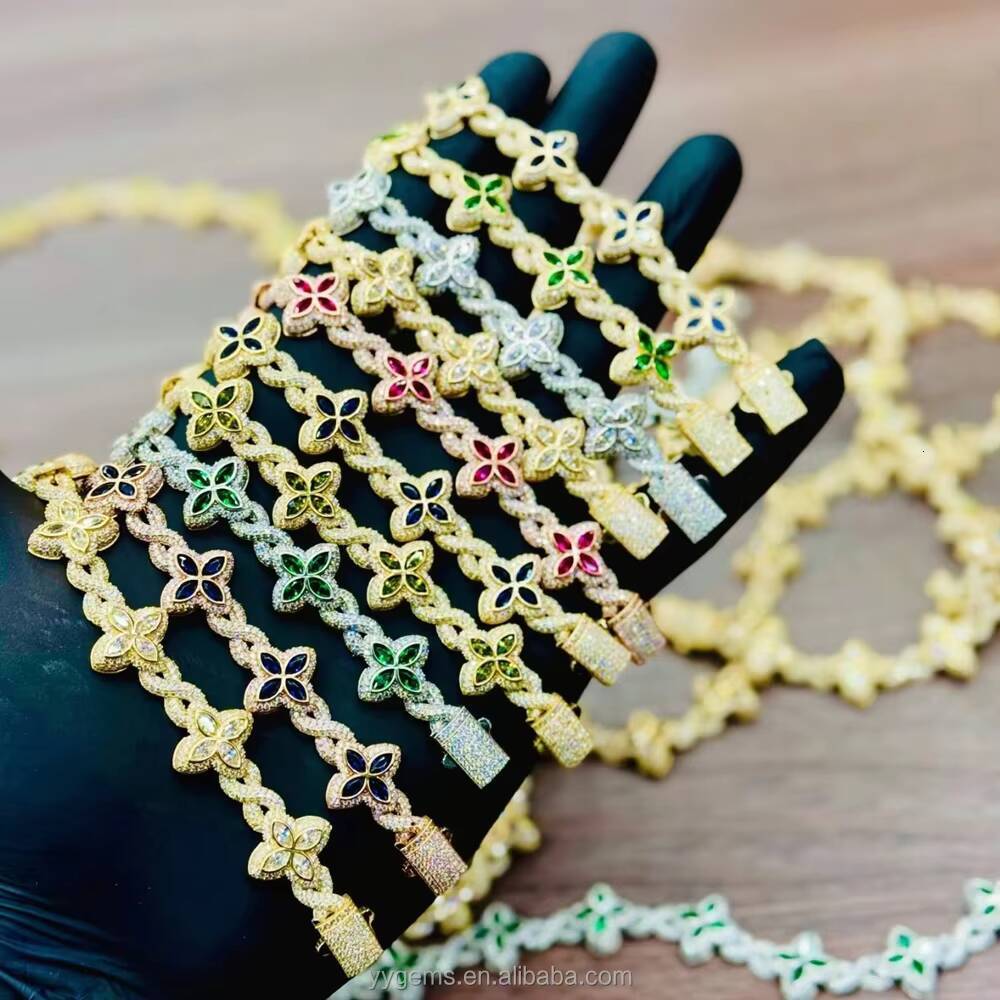 Hot Selling Shamrock bracelet 15MM 925 Sterling Silver Cuban Clover Bracelets Iced Out Hip Hop Infinity Colored Moissanite Cuban Bracelet