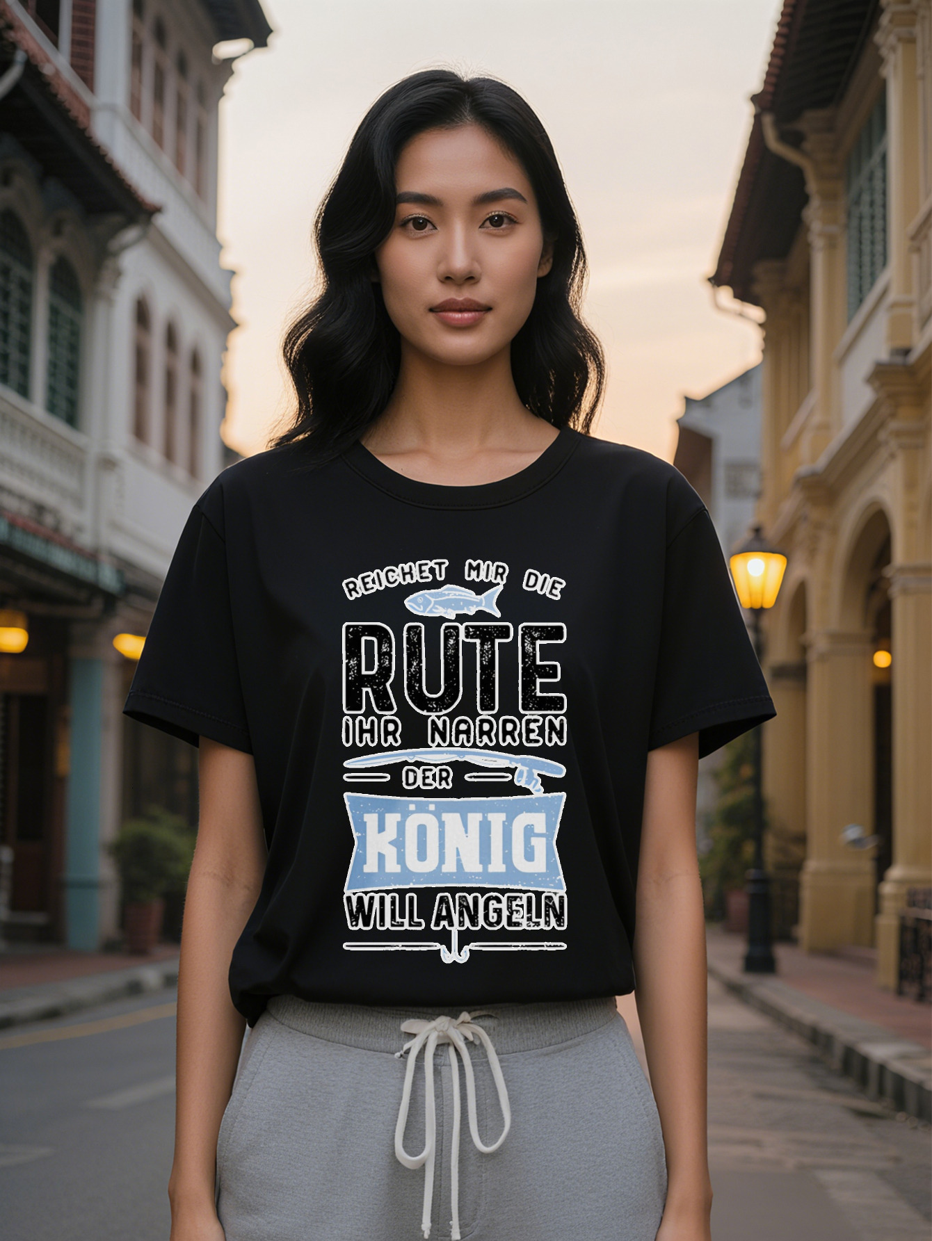 Large XL Casual Graphic T-Shirt with REICHT MIR DIE RUTE IHR NARREN Fishhook Print Black Round Neck Summer Tee hine Plus Size