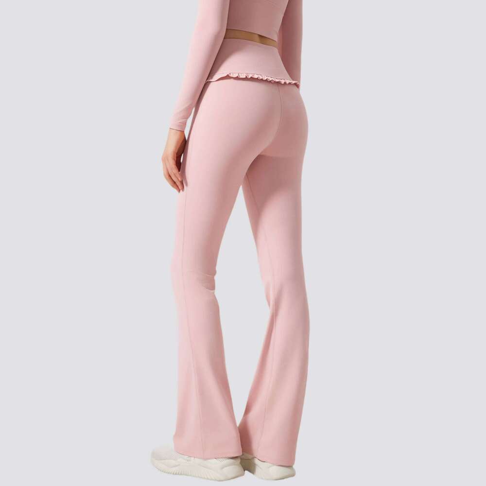 2Pcs Yoga Set Women Lotus Gym Fiess Padded Long Sleeve Sports Crop Top High Waist Flared Leggings With Ruffles Workout Clothes