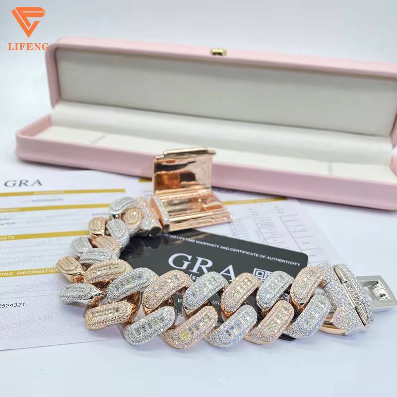 Custom Hiphop 26mm Iced Out baguette Cut Two Tone Full VVS Moissanite Cuban Link Chain 925 Sterling Silver Bracelet for Man