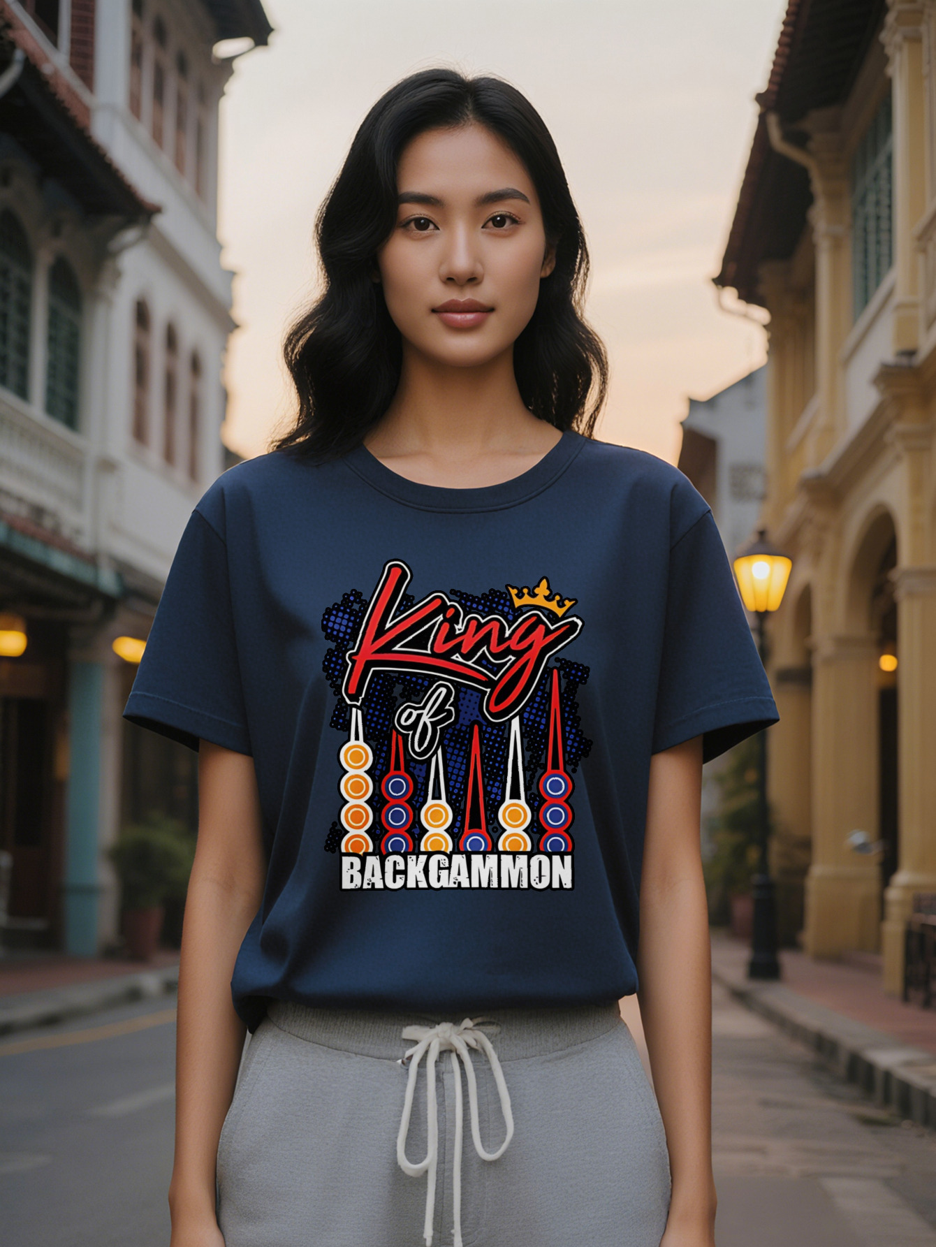 Large XL Casual King of BACKGAMMON Print T-Shirt Black Crew Neck Tee with Crown Swords Design Gaming Themed Apparel Perfect Plus Size