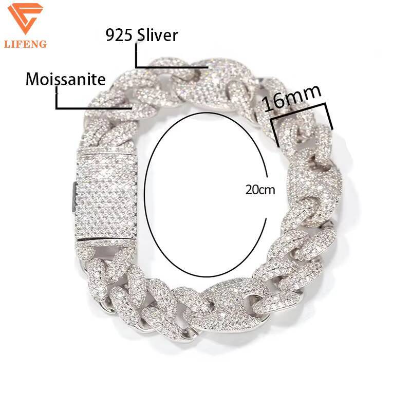 Custom 16mm VVS Moissanite Diamond 925 Sterling Silver Womens Hip Hop Bracelet Rose Gold Plated Two Tone Pig Nose Link Chain