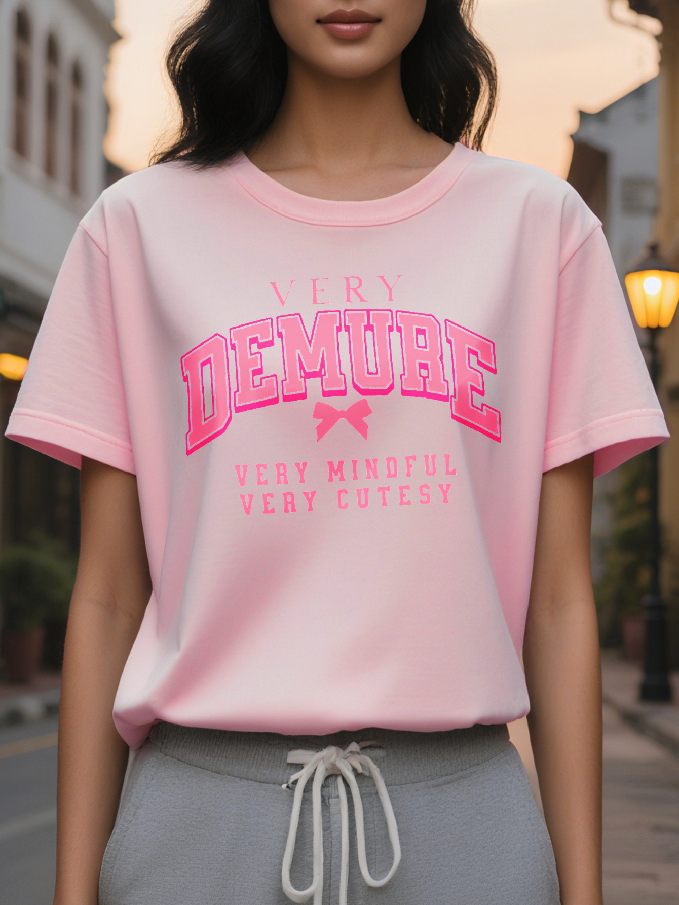 Women S Casual Short Sleeve T-Shirt Demure Very Mindful Bow Print White with Pink Lettering Round Neck Lightweight