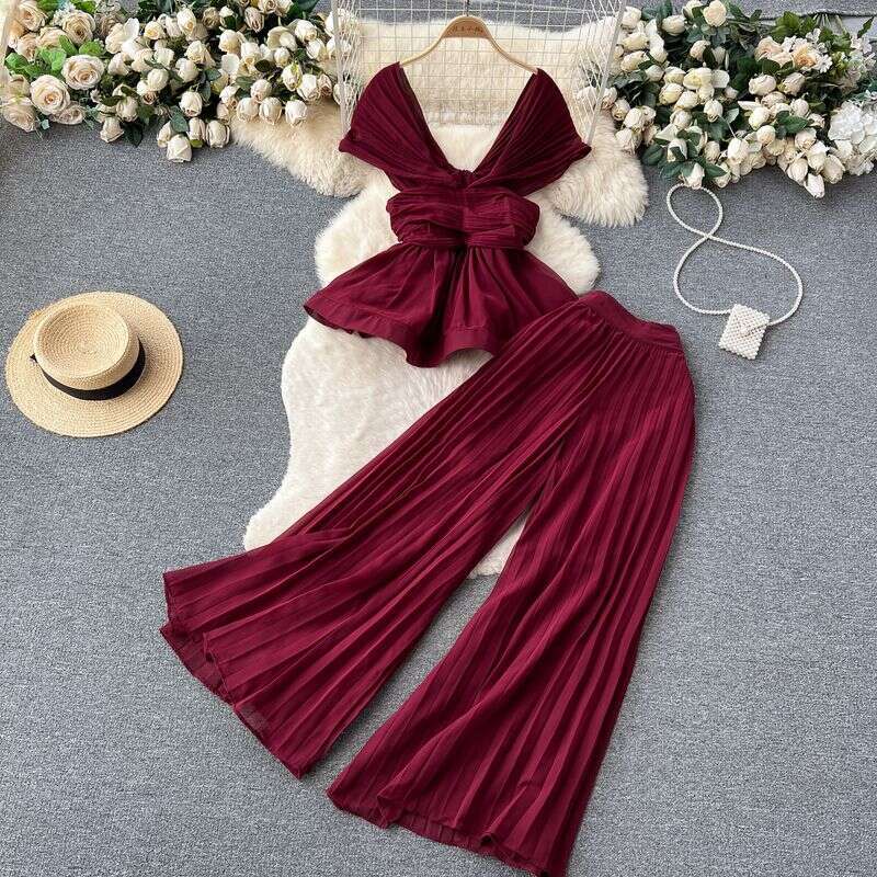 High-End Elegant Fashion Suit Women's Summer Pleated Sleeveless Chiffon Top + High-Waisted Wide-Leg Pants Two-Piece94
