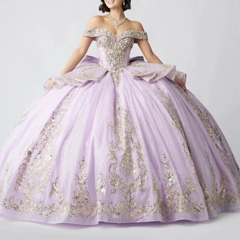 Lilac Shiny Quinceanera Dresses Ball Gown Off The Shoulder Gold Applique Lace Beading Crystal Tull Sweet 16 Dress Vestidos 15 De Anos