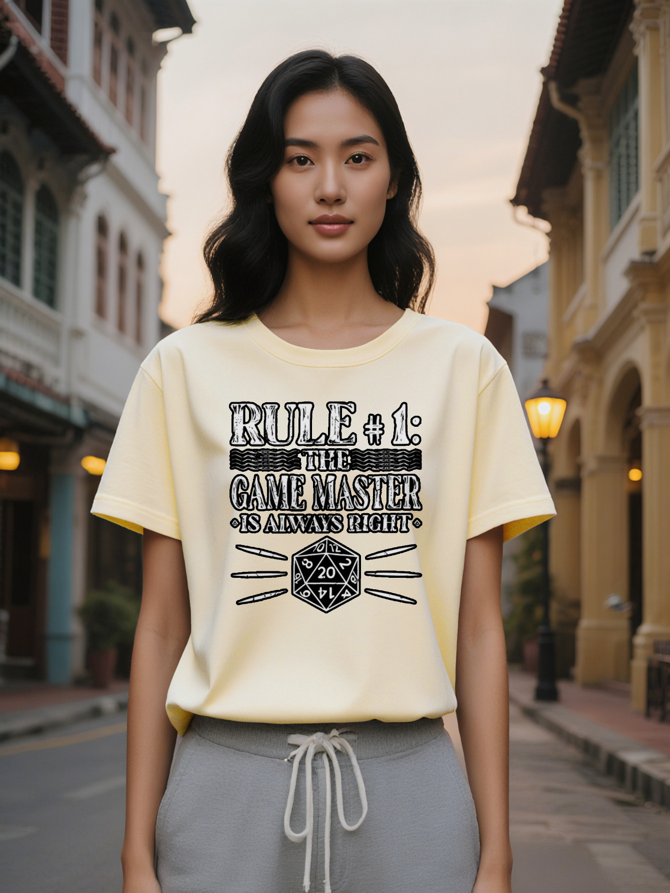 Large XL Lady Casual Graphic T-Shirt Rule Game Master Design with D Dice Wavy Lines Print BlackWhite Gaming Tee Tabletop Plus Size