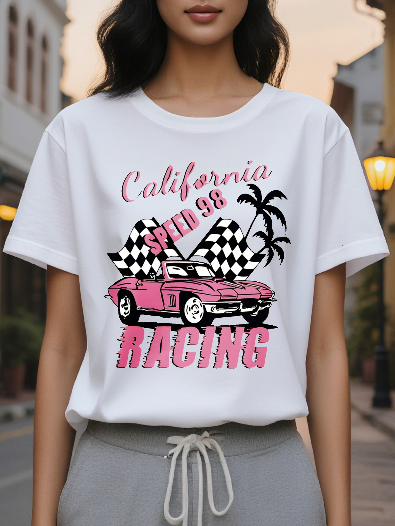 Large XL Women S Speed Graphic T-Shirt Crew Neck Short Sleeve Top with Palm Tree Design Pink Lightweight Summer Tee for Plus Size