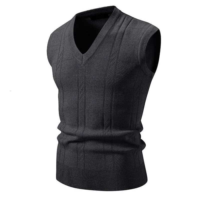 New Mens VNeck Knit Sleeveless Vests Solid Color Pullover Knitted Waistcoat Men Smart Casual Sweater Tank Tops Streetwear TopsXJ250904
