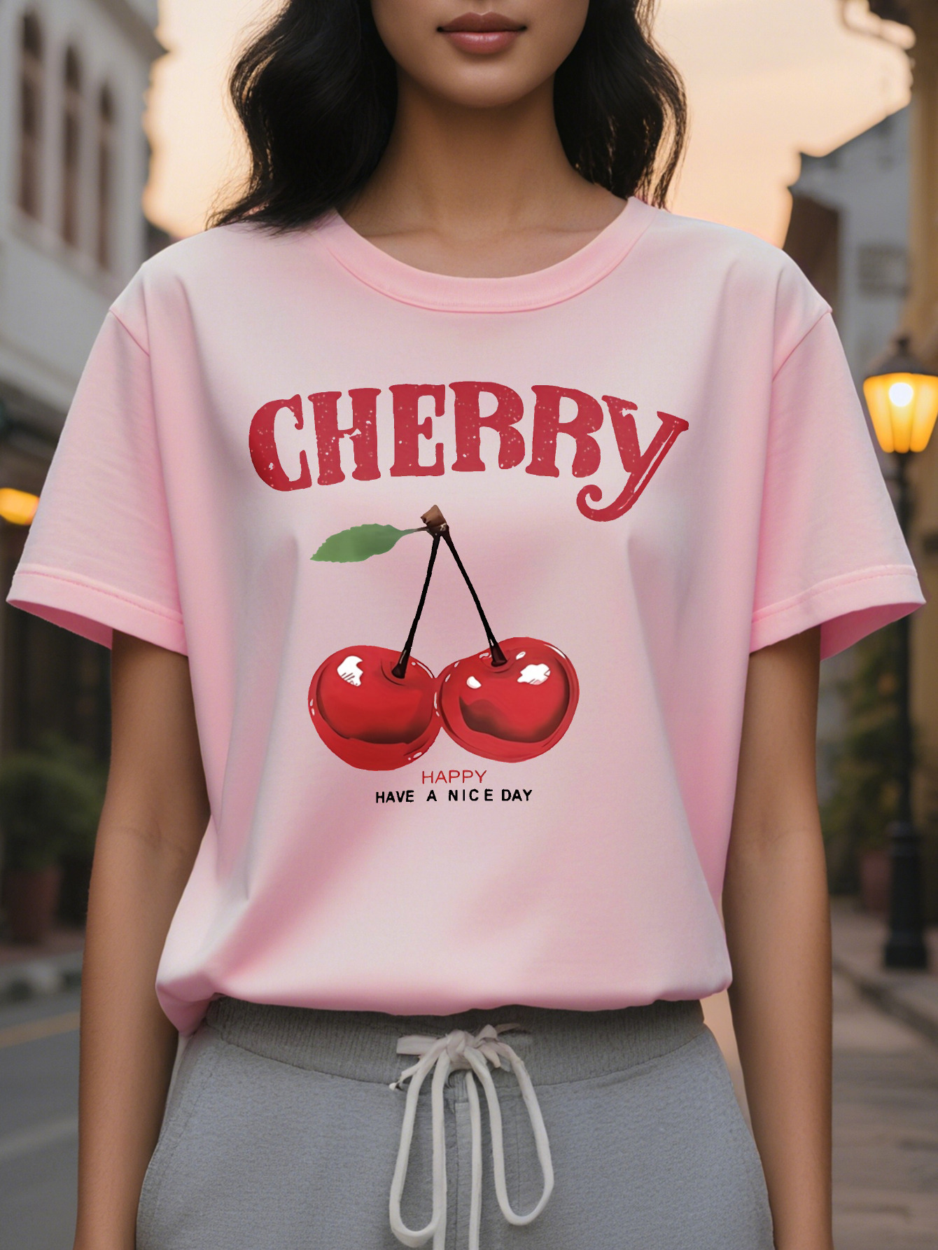 Large XL Women's Slim Fit Short Sleeve T-Shirt Cherry Print with Bold Red Lettering Have a Nice Day Slogan Light Yellow Plus Size