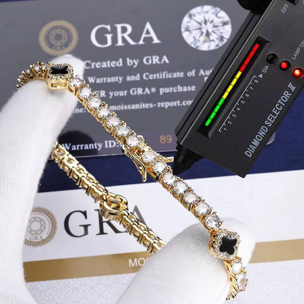 Fashionable Gold Plated 4mm Tennis Link Chain Necklace Unisex Hip Hop Style with Moissanite Diamond Black Clover Charm Jewelry Gift