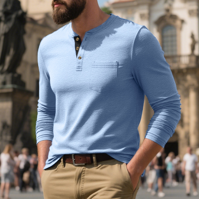 Men's Long Sleeve T-Shirt Henley Top Round Neck Casual Undershirt Base Layer Shirt for Men European size: S-3XL