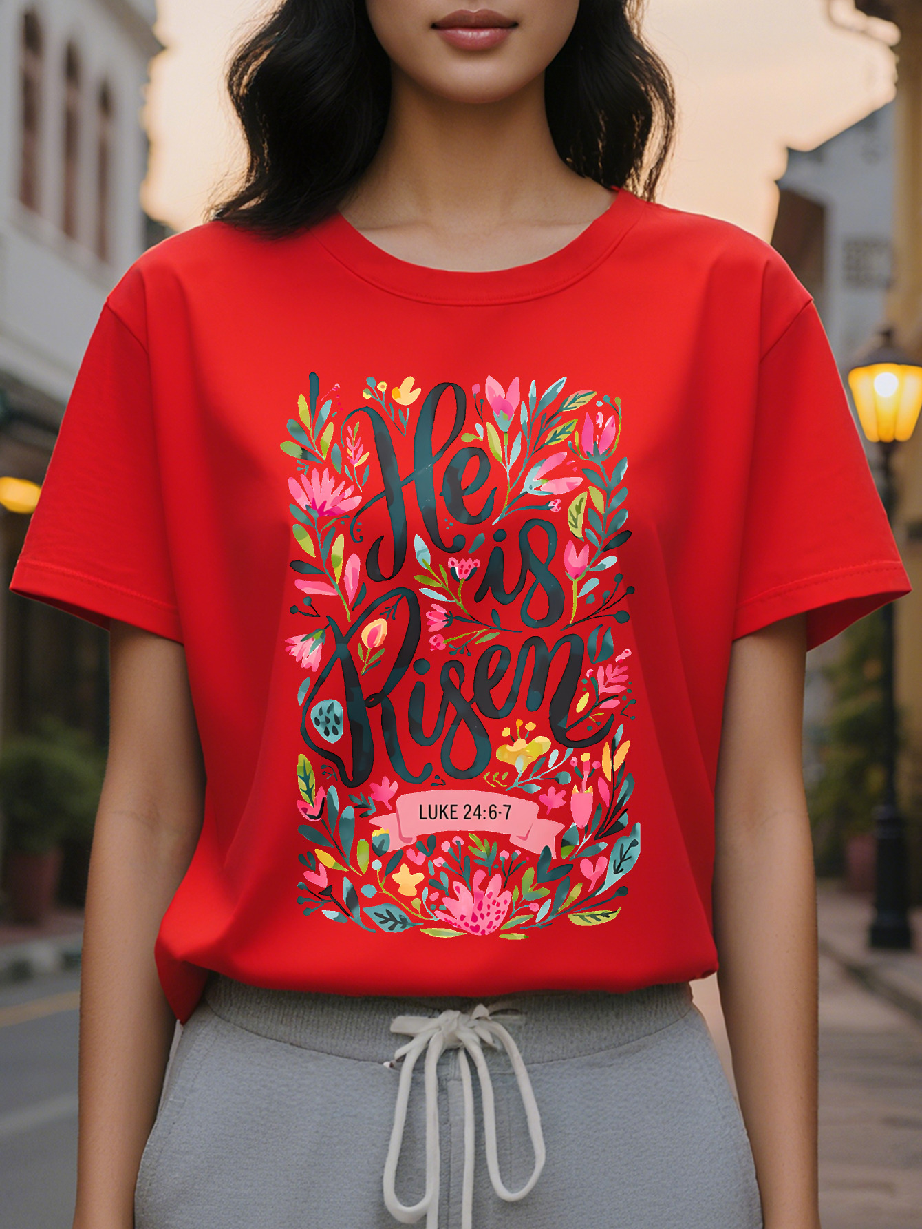 He Is Risen Easter Jesus Faith Bible Verse Luke Floral Print T-Shirt Pastel Pink Short Sleeve Crew Neck Top