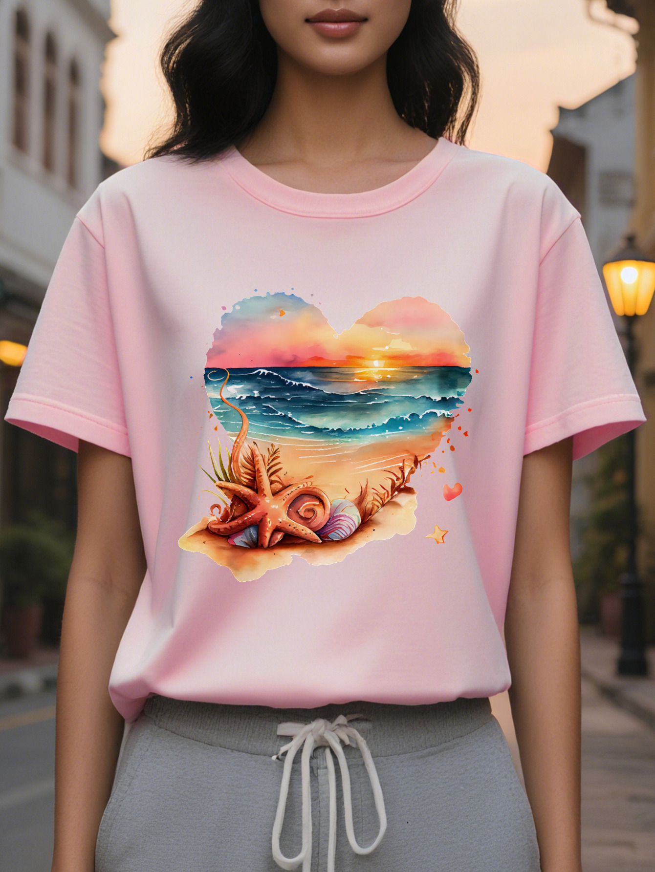 Beach Heart Shaped Short Sleeved T Shirt Ladies Round Neck Casual Top Suitable for Spring and Summer