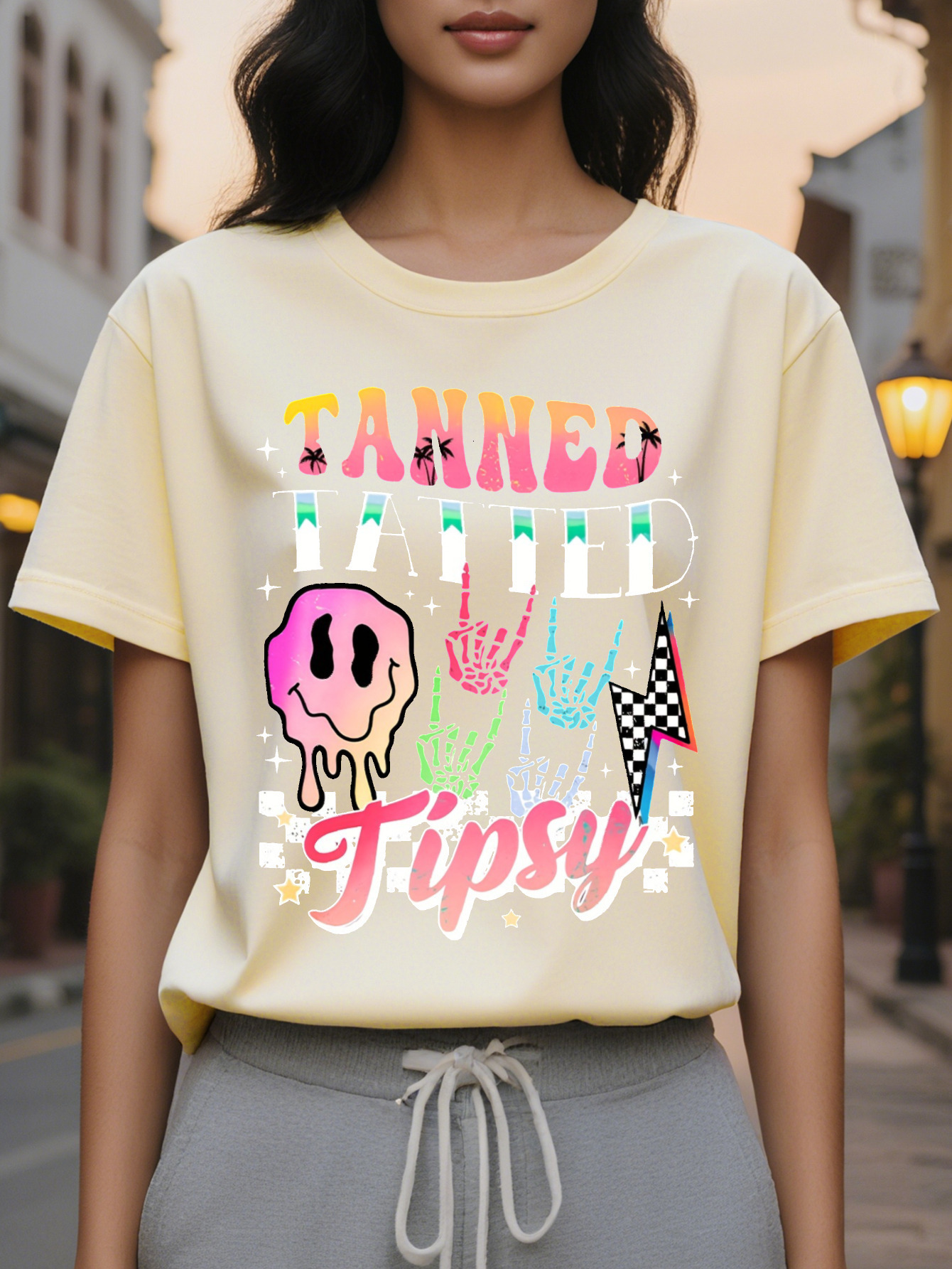 Women s Casual Short Sleeve T Shirt Double Sided Tanne Tattoo Tipsy Graphic Print Black with Colorful Lettering