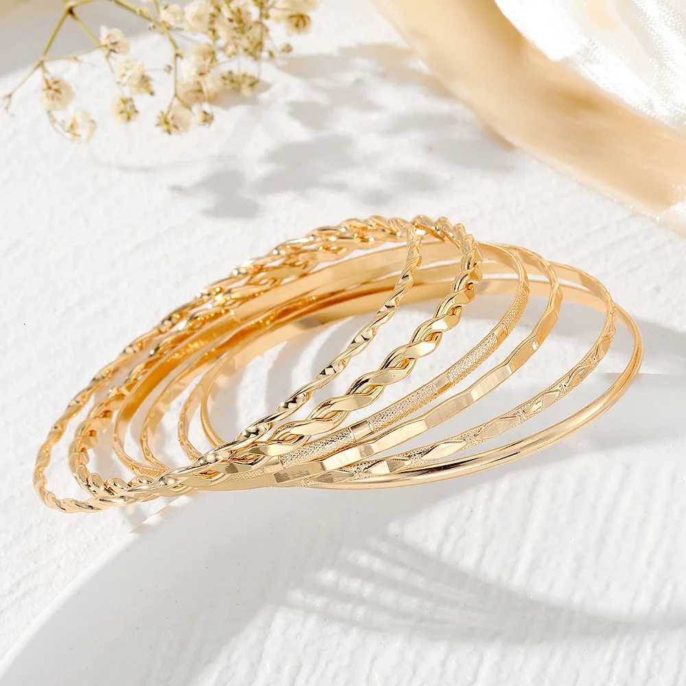6PcsSet New Simple Gold Color Multilayer Bracelet Set for Women Rhomboid Twist Smooth Surface Bangle Jewelry Party GiftXJ250904