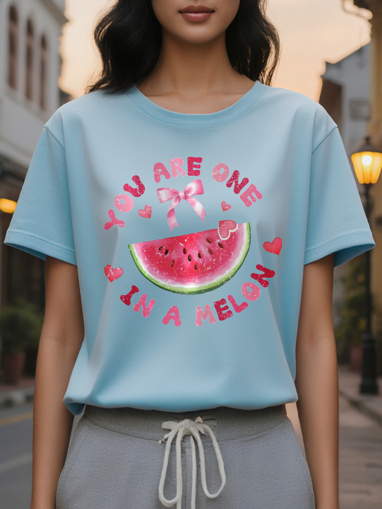 Ladies, you are unique pattern T-shirt with a funny watermelon love design, soft elastic round neck casual