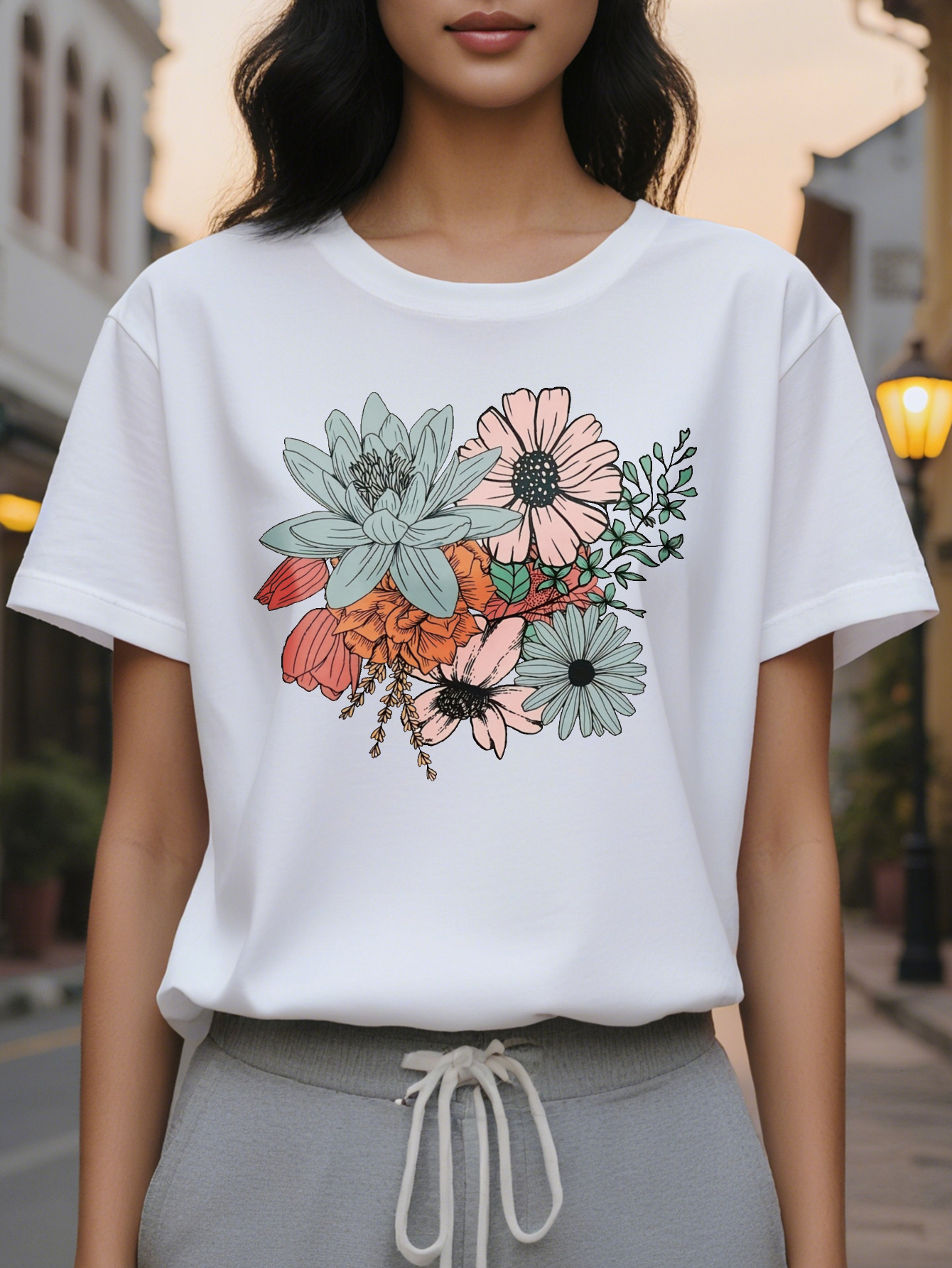 Large XL Women's T-Shirt Beige Blush Pink Floral Print Soft Casual Top Washable Round Neck Shirt for Women All Seasons Plus Size