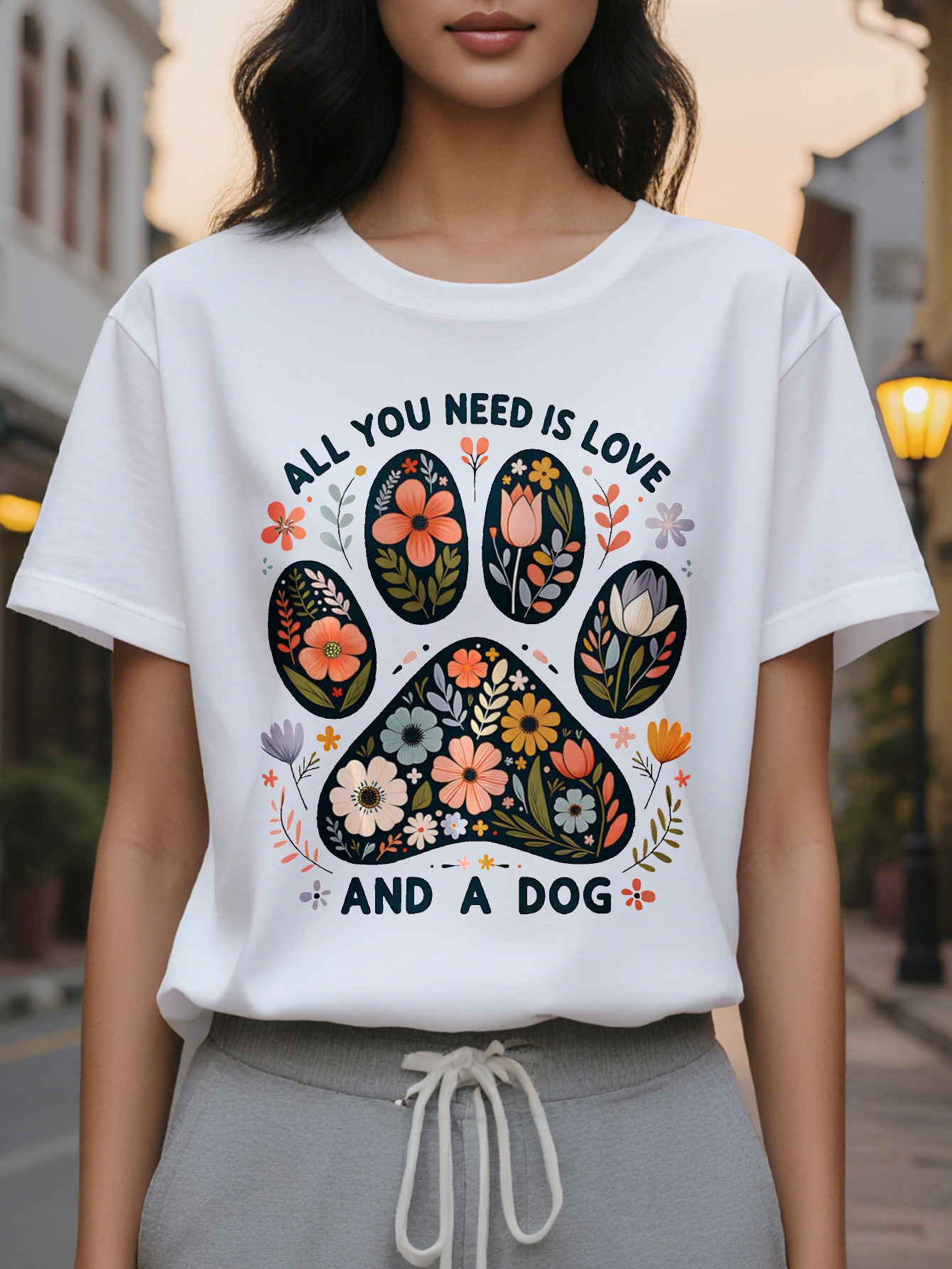 Women's Funny Pet Lover All You Need Love and Pattern T-Shirt White Shirt with Floral Paw Print Lightweight