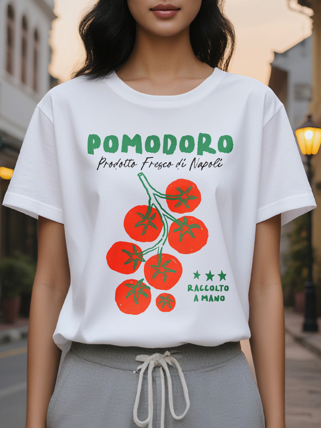 Women's Elegant Summer T-Shirt White Short Sleeve Round Neck Top Bright Tomato Pattern and Italian Products from Naples