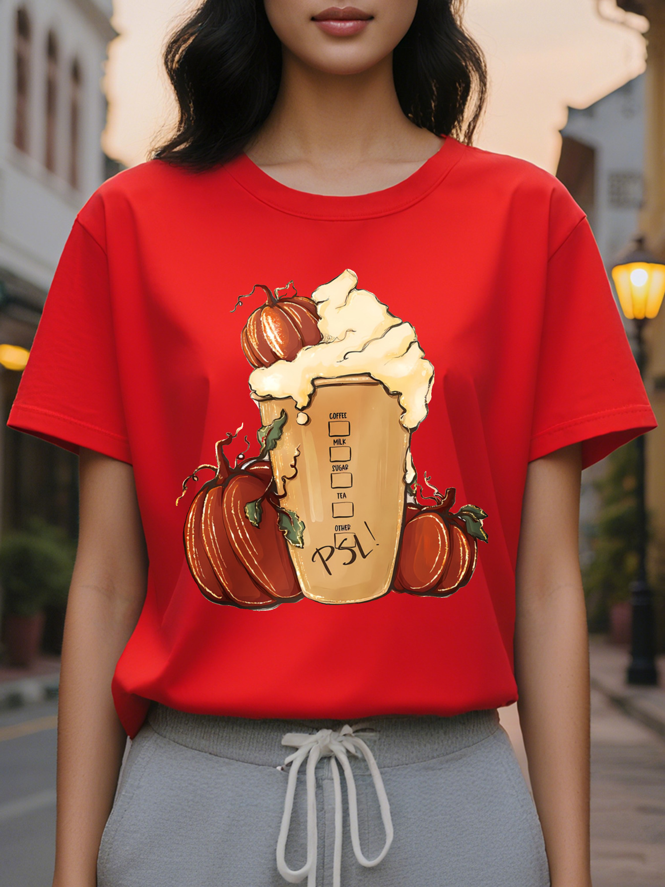 Women S Olive Green Casual T-Shirt Coffee Graphic Tee with Pumpkin Cup Lightweight Summer Top for Fall Outfits