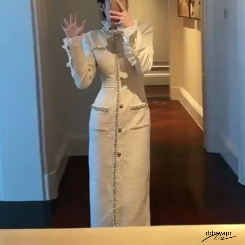 Off White Tweed Spring / Autumn Womens Tassel Ladies Ddmyday Slim Bottoming Dress One-Piece 240824 Ddmyday Ddmyday Ddmyday Ddmyday