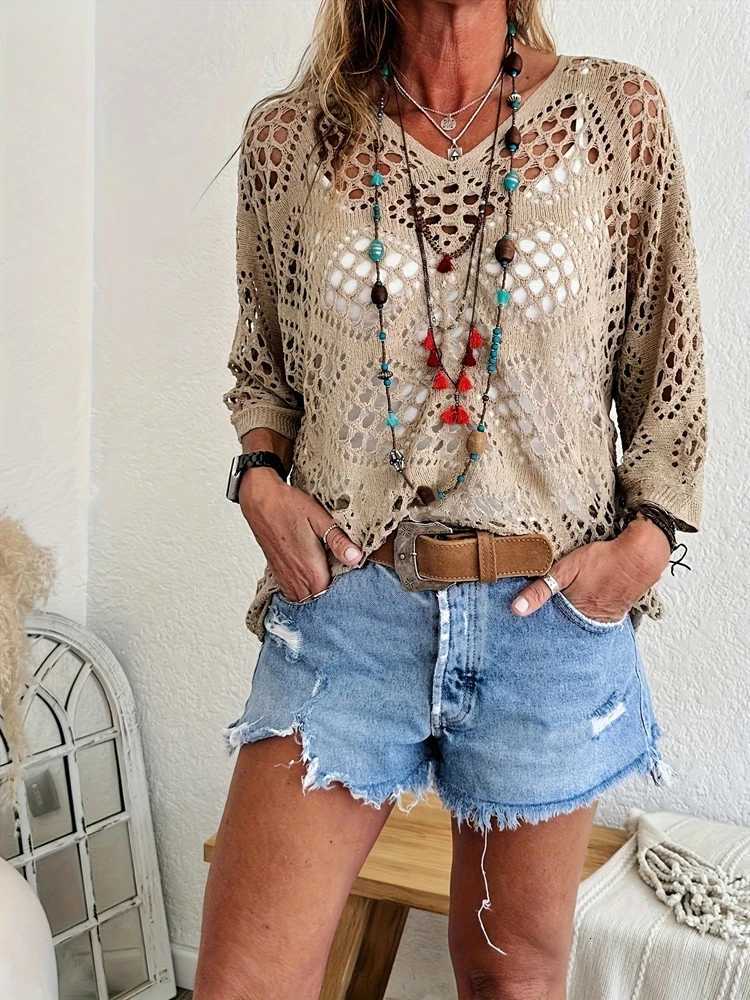 Fashionable and elegant large perforated top womens hollow knit sweater versatile sweater M250904