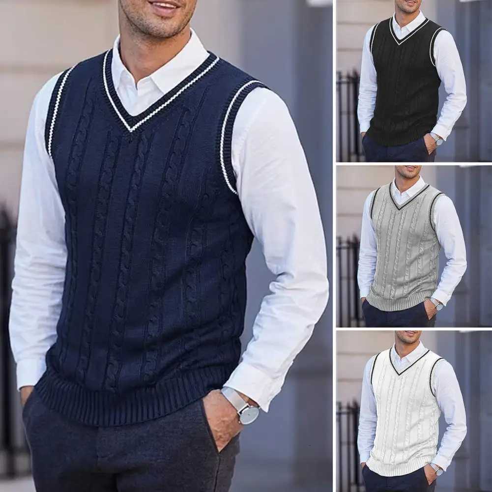 Men Vest Sweater V Neck Sleeveless Slim Fit Colorblock Knitted Pullover Slim Fit Mid Length Preppy And Business Style SweaterXJ250904