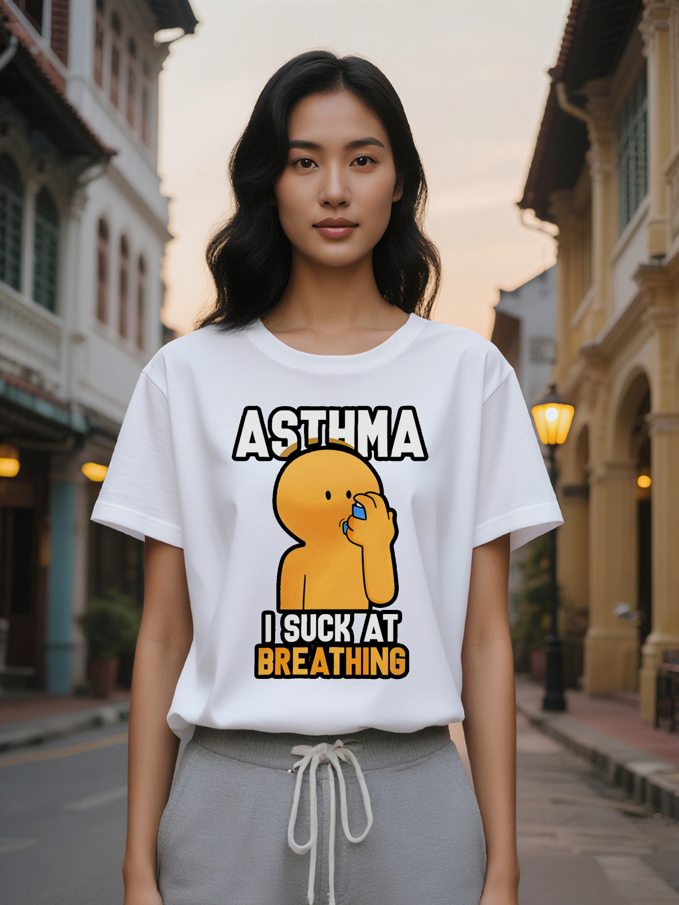 Large XL Lady Humorous Asthma Graphic T Shirt Black Casual Round Neck Tee with Cartoon Character I SUCK AT BREATHING Print Plus Size