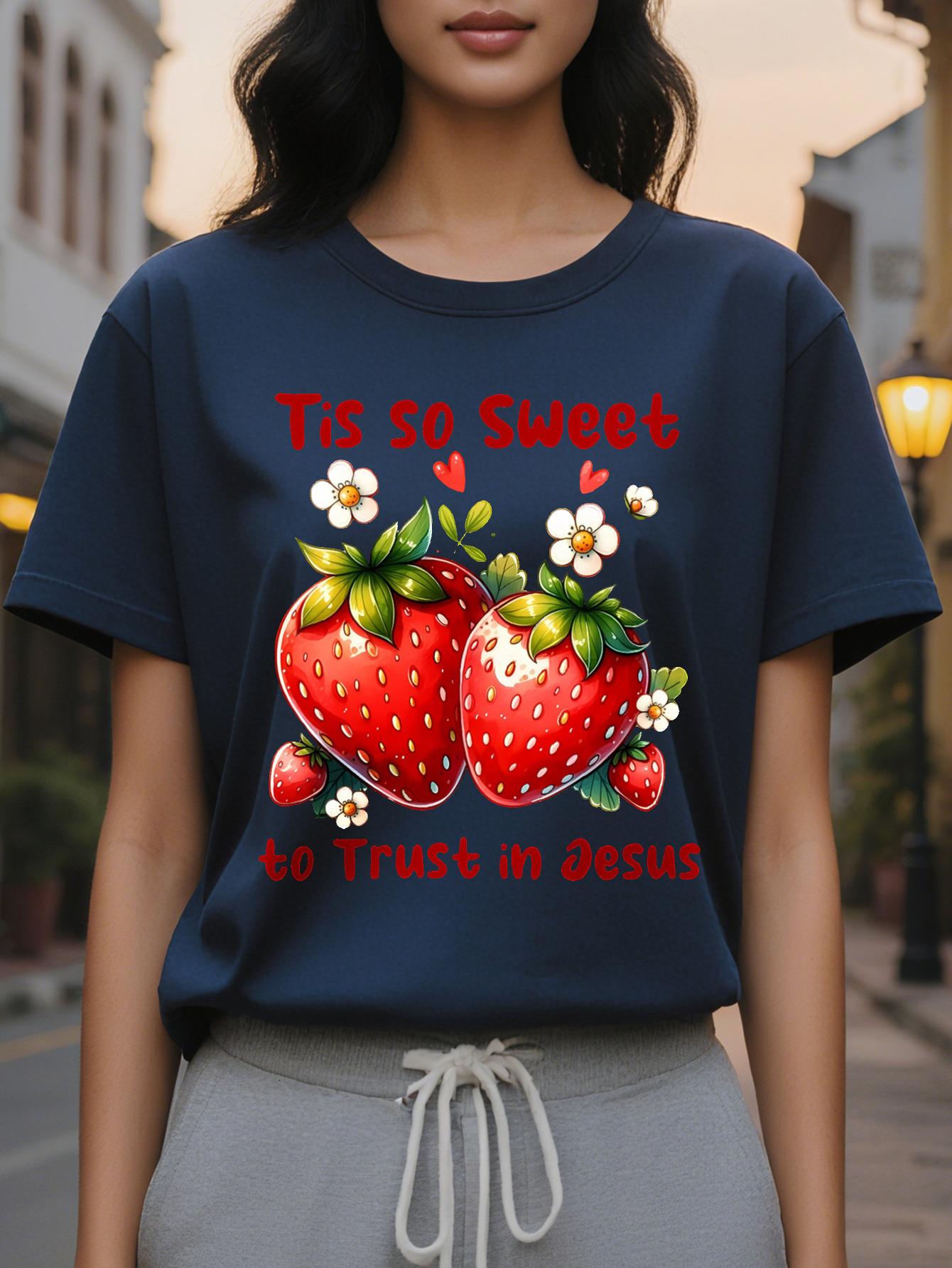 This sweet strawberry short sleeved T-shirt with round neck is a casual top suitable summer and spring for women