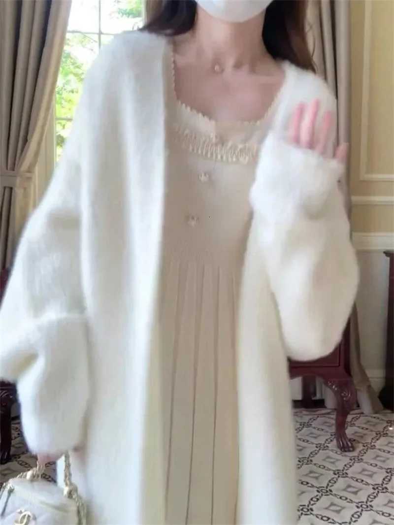 White Gentle Mink Fur Sweater Knitted Cardigan Womens Autumn Winter New Loose Versatile mid to long Lazy Milk fufu Jacket M250904