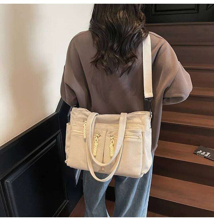 Corduroy Simple Poop Carrying For Women Adjustable Shoulder Strap Crossbody Bag Large Capacity Commuting Handbag