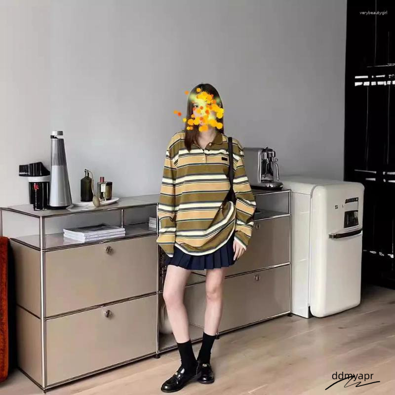 Women's T Shirts Spring And Summer Clothing Letter Embroidery Sticker Loose Striped Long Sleeved Polo Ddmyday Shirt Top Ddmyday Ddmyday Ddmyday