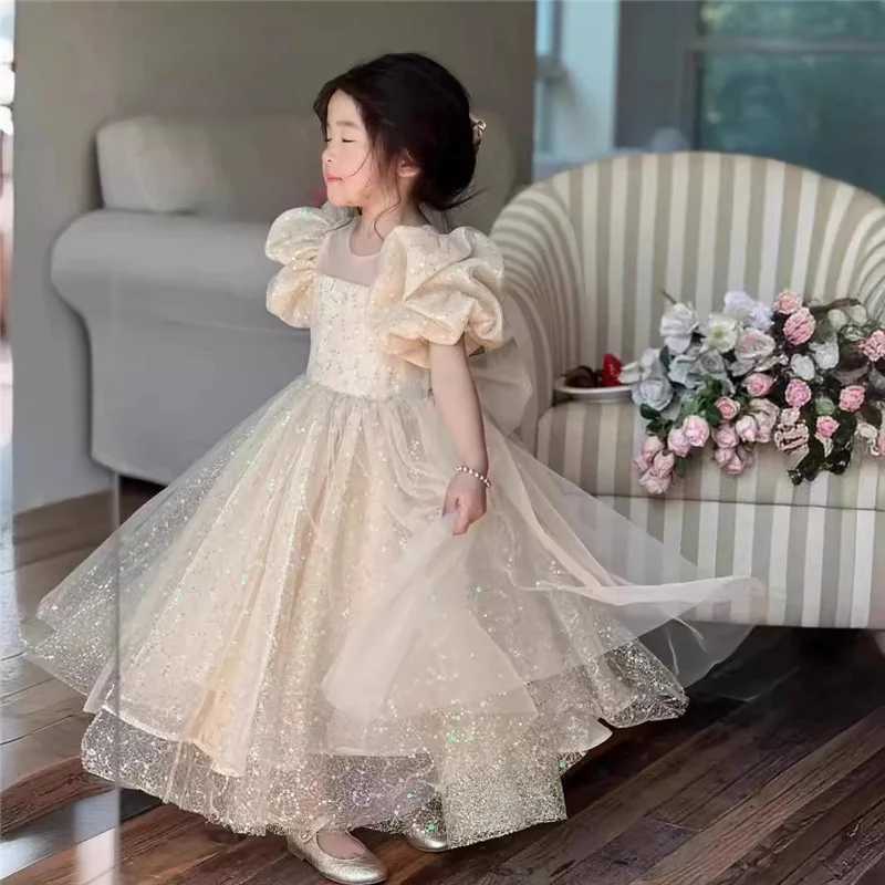 Girls Princess Long Dress Fashion Bow Sequin Puff Sleeve Tutu High End Formal Party Gown Ball New Style Children Evening Dress Z250904