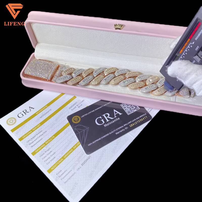 Custom Hiphop 26mm Iced Out baguette Cut Two Tone Full VVS Moissanite Cuban Link Chain 925 Sterling Silver Bracelet for Man