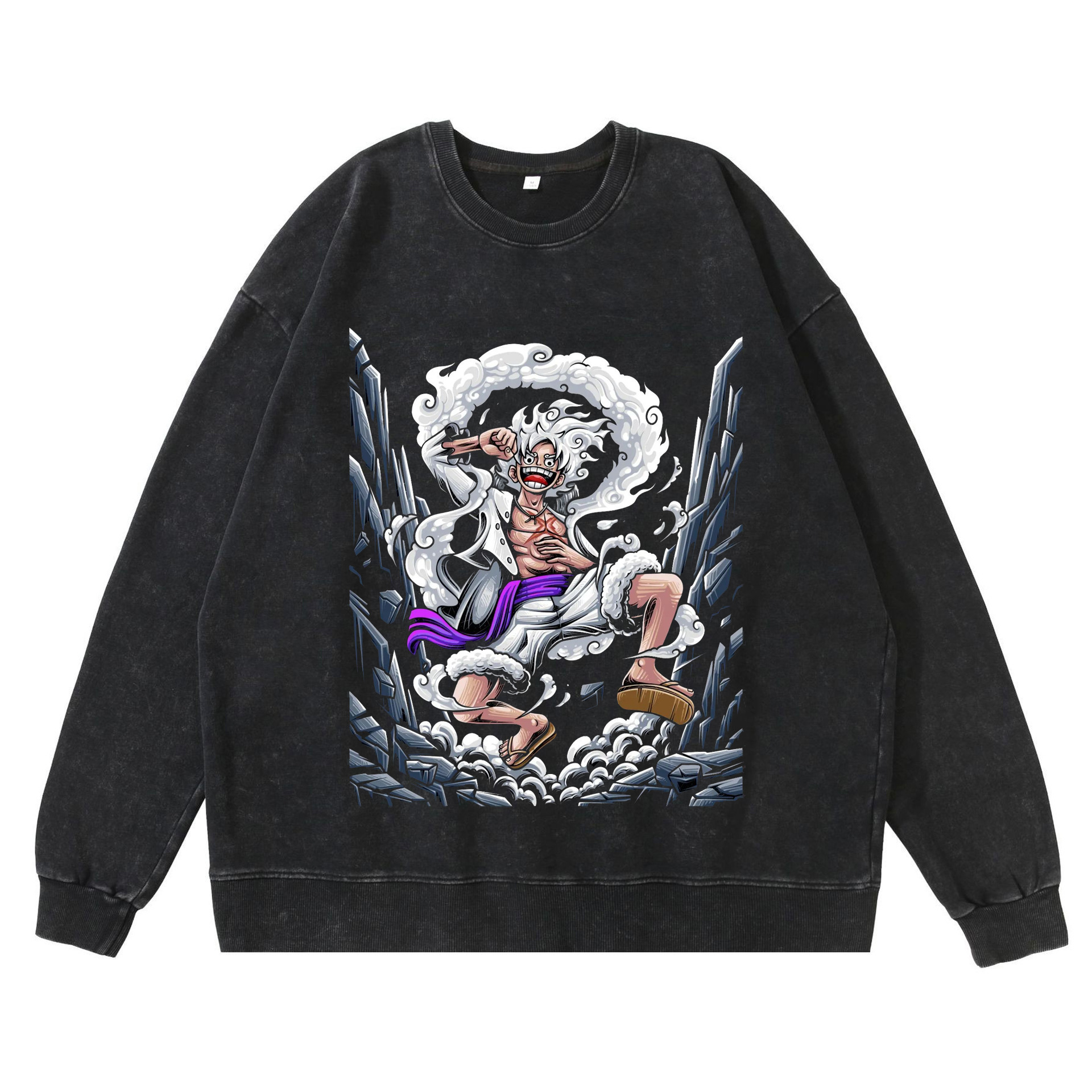 360gsm Heavyweight Washed Vintage Luffy Gear Fifth Nika Graphic Crewneck Sweatshirt Retro Streetwear Cotton Hoodie - TT8106