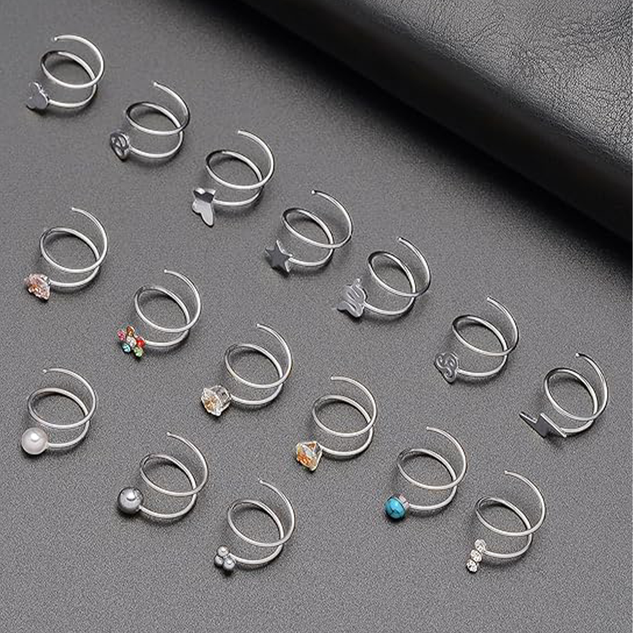 16Pcs Double Nose Ring Hoop for Single Piercing Butterfly Lightning Pearl Ball Snake Shiny CZ Twisted Double Hoop Earring for Women 20G Silver Tone